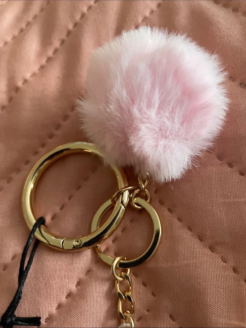 Disney Minnie Mouse Pink Pom Keychain with Red Tag and Gold Hardware